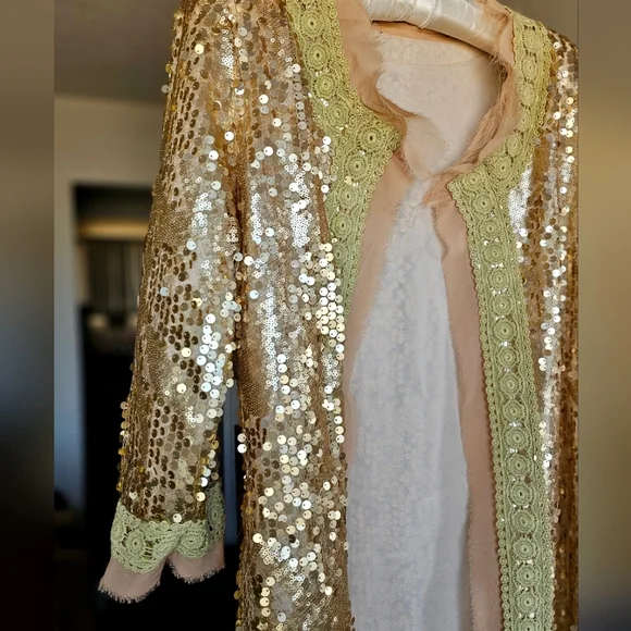 RARE Gold Sequin Jacket Women's O/S Festival Bohemian Statement - Picture 4 of 8